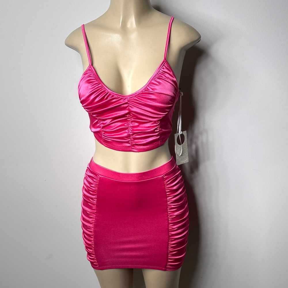 Ruched Satin Two-Piece Mini Skirt Set in Hot Pink